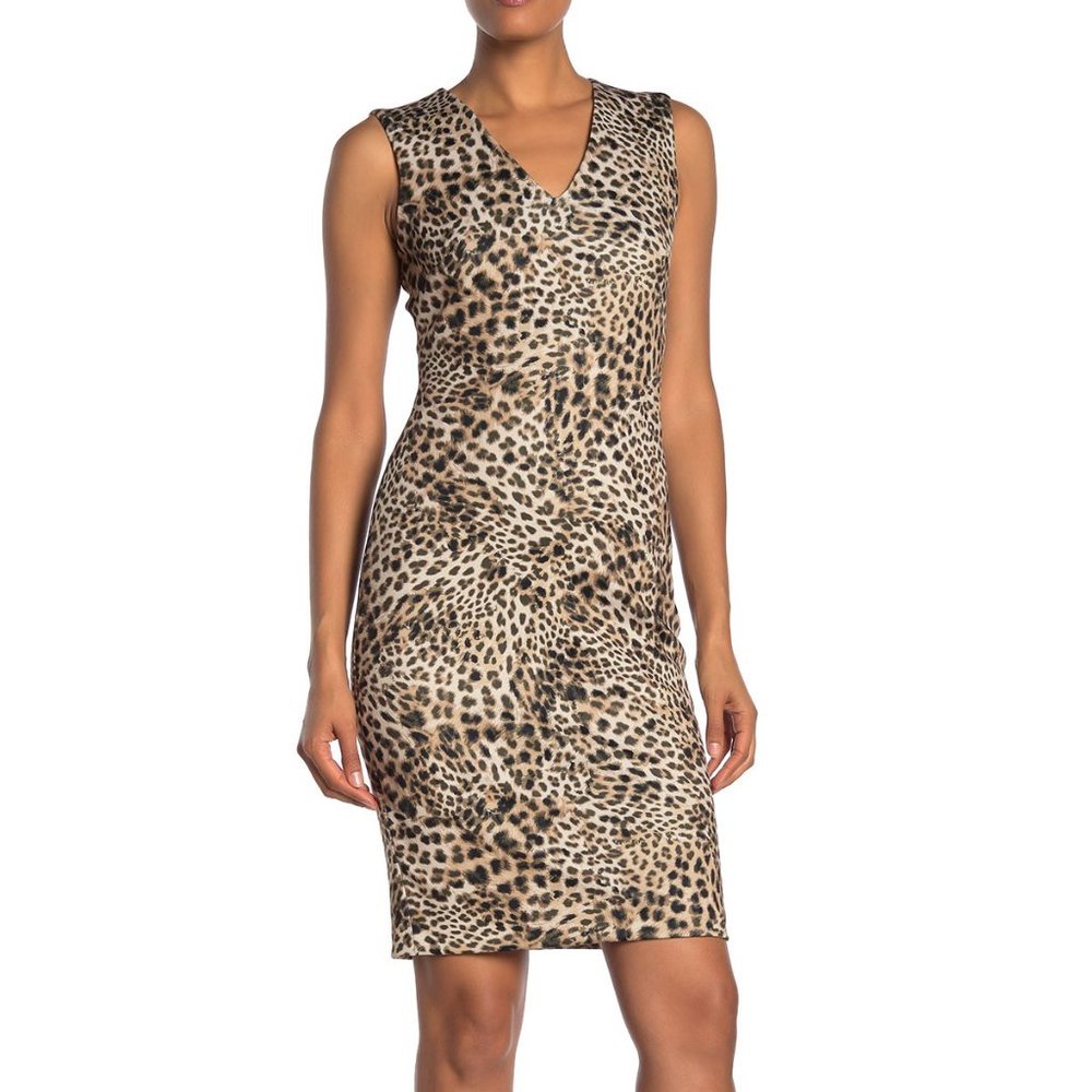 Calvin Klein Sleeveless Animal Print Sheath V-Neck Dress Size 2 - Picture 1 of 4